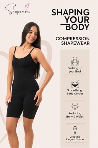 Image of SHAPEMOUR Mid Thigh Bodysuit Bodyshaper, Sculpting Design Shapewear for Women, Body Shaper with Silicone Grip, No Steel Bones for All Day Comfort, Smooth and Seamless Fit