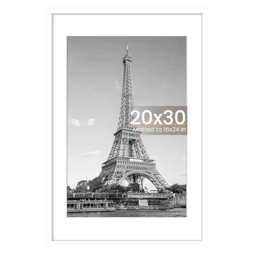 Image of upsimples 20x30 Poster Frame, Display Pictures 16x24 with Mat or 20x30 Without Mat, Wall Hanging Picture Frame, White, 1 Pack