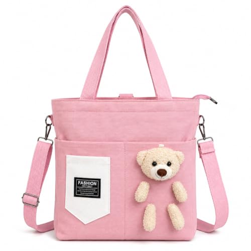 Image of BROGBUS Canvas Tote Bag for Women with Teddy Bear Charm Adjustable Sling Strap, Zipper Closure, College Travel Shopping Bag