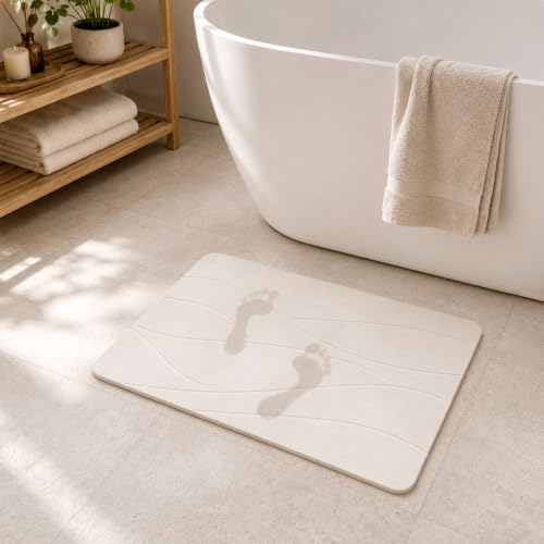Image of Diatomite Stone Bath Mat, Quick Dry Non-Slip Highly Absorbent Bathroom Floor Mat with Textured Surface, Easy to Clean, Natural Anti-Mould Bath Mat for Shower, Multi-Purpose Use (white)