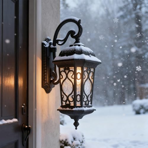 Image of Waterproof Outdoor Wall Light Fixture Black 21 inch H Water Glass Shade | Exterior Wall Lantern Die-Cast Aluminum, Sconce Light Dimmable, Quick Installation for Porch Garage