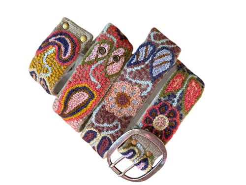 Hand Embroidered Peruvian Wool Belt, Flower Belt, Statement Belt - Bohemian Mosaic Tan Base