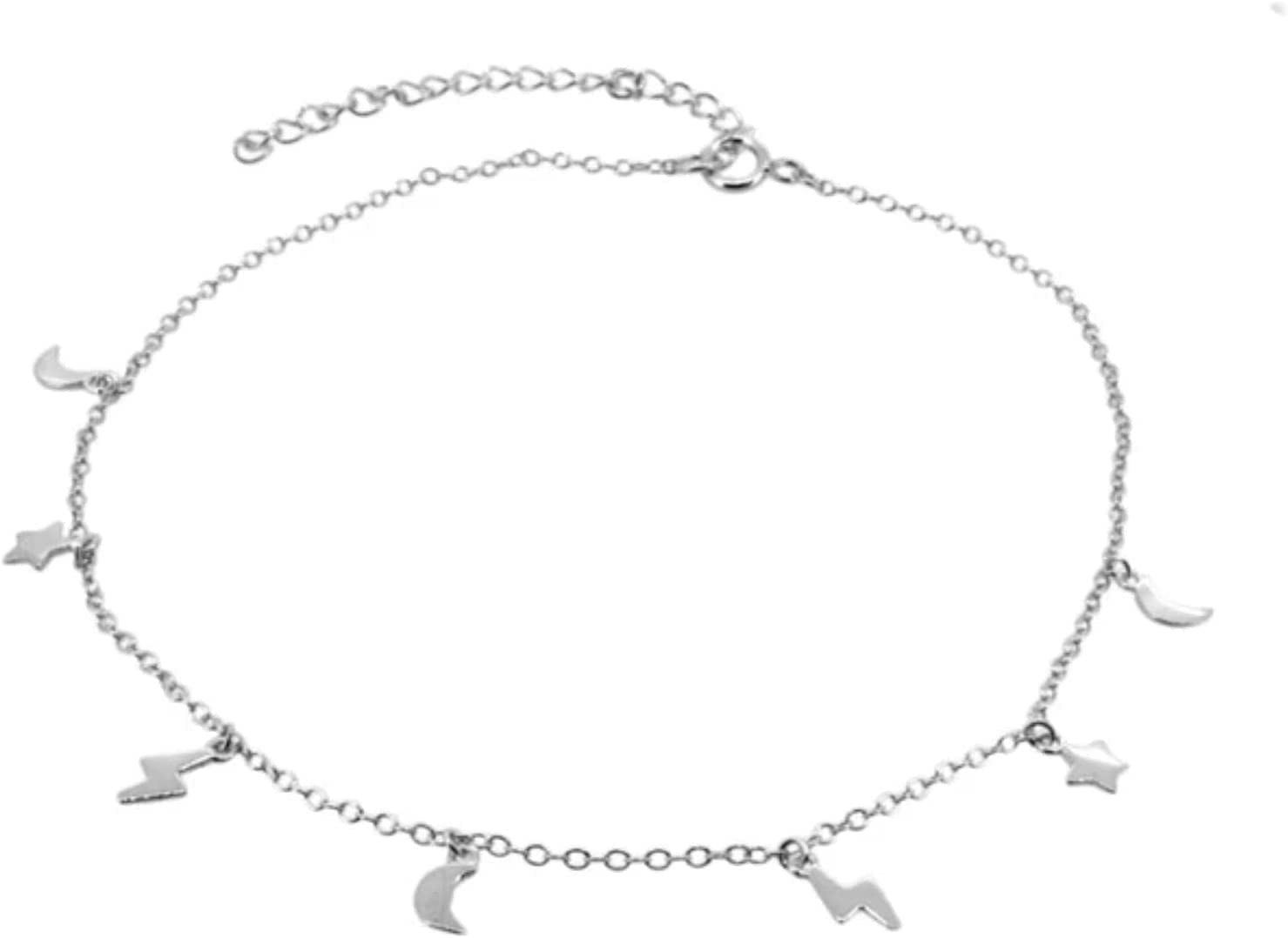 Fußkettchen,925 Sterling Silber Stern Mond Blitz Gestapeltes Fußkettchen für Frauen Einfache Fußkette Fußkettchen Knöchel Weiblich Feiner Schmuck Geschenk