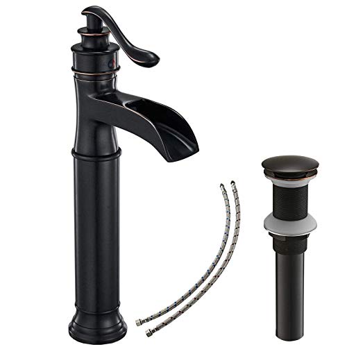 BATHLAVISH Vessel Sink Faucet Oil Rubbed Bronze Bathroom Waterfall Spout Farmhouse Single Hole Faucet Single Handle for Sink Lavatory Faucets with Pop Up Drain Without Overflow Supply Line Lead-Free