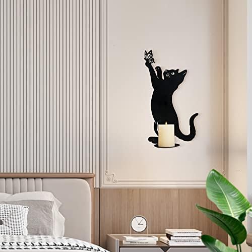KOBJOY 1pc Mini Metal Cat Home Décor, Wall Candle Sconces for Pillar Candles Led Flameless Candles, Candle Holder for Wall, Candlestick for Corridor, Entrance, Black Funny Cat Gifts for Lovers