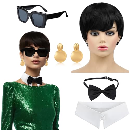 Breathffy 5 Pcs Halloween Social Media Star Costume Accessories Include Wig Sunglasses Fake Collar Bow Tie and Earrings Famous Mom Personality Outfit for Mom Women Cosplay Party