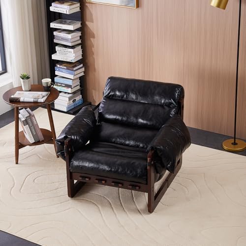 Livavege Retro Chaise Lounge Chair Indoor, Oversized Leather Accent Chair with Thick Cushions & Solid Wood Base Support, Comfy Armchair Deep Seat Sofas for Living Room/Bedroom/Home Office/Balcony