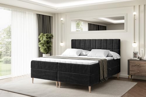 ALTDECOR Boxspringbett mit Holz Füßen, Matratze und Lattenrost, Boxbett, Topper, Polsterbett mit Bettkasten, Bett mit Stauraum H4-Matratze, Doppelbett - Miami-FD- 180x200 - Schwarz Samt