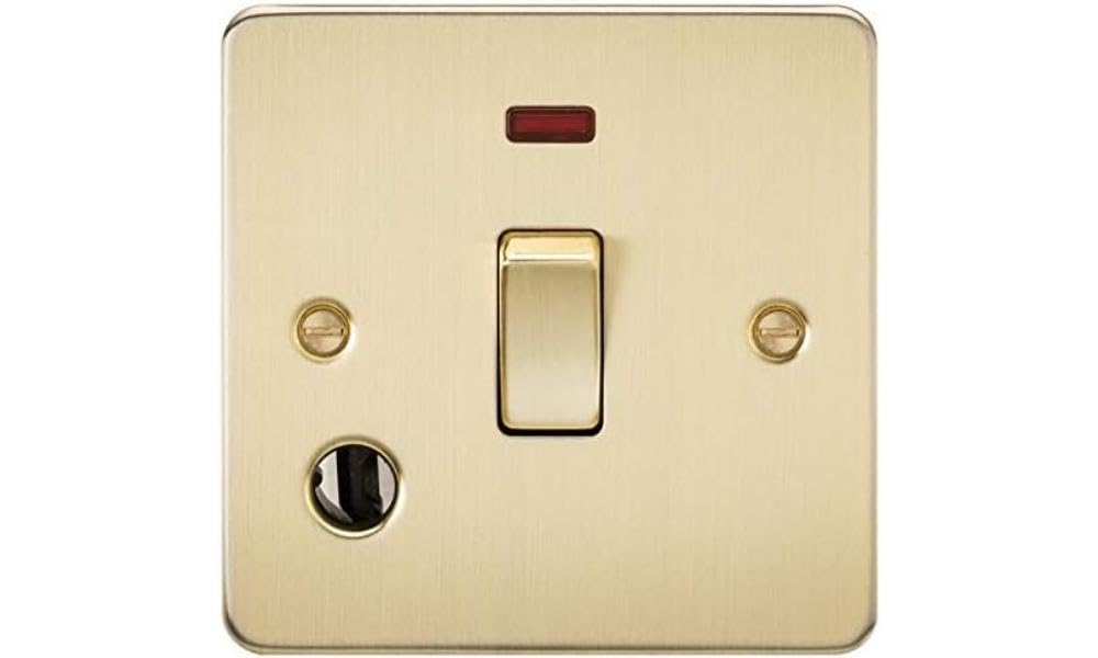 Knightsbridge Gold Fpav8341fbb Flat Plate 20A 1G Dp Switch With Neon & Flex Outlet-Brushed Brass