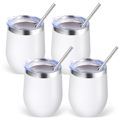 Volhoply 12oz Stainless Steel Wine Tumbler with Lid Bulk 4 Pack,350ml Double Wall Vacuum Stemless Wine Glasses,Metal Travel Coffee Mug with Straw,Insulated Cup Gifts for Women,Christmas（White,4 Set）