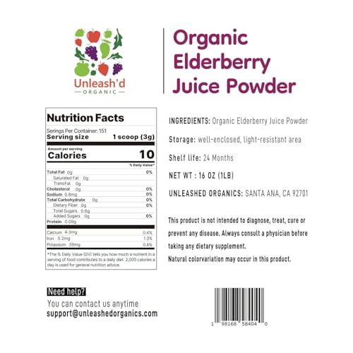 Organic Elderberry Juice Powder 16 oz - Unleash'd Organic 100% Pure Natural Superfood, Packed with Antioxidants and Essential Vitamins, Known for High Antioxidant Effects, Anti-Inflammatory Benefits, and Supports Heart & Skin Health. - Image 3