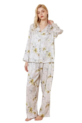 Image of YiNi LuLu Womens Silk Satin Pajamas Set Button Down 2 Piece Pjs Long Sleeve Oversized Sleepwear with Pockets