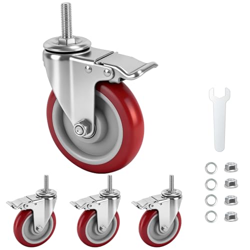 Caster Wheels, 5 Inch Locking Swivel Caster, 1/2"-13 x 1 (Screw Diameter 1/2", Screw Length 1.5") Threaded Stem Casters Set of 4 Heavy Duty,Industrial Castors Wheels for Cart,Furniture and Workbench by WHARSTM - Used condition - US$20.98