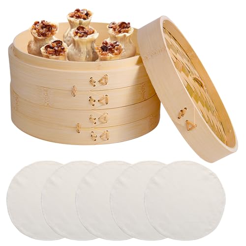 WANDGU Cuiseur Vapeur en Bambou à 2 Niveaux : Cuiseur Vapeur en Bambou de 21 cm de diamètre avec Couvercle et 5 Tapis antiadhésifs, pour Riz, dim sum, légumes, Poisson et raviolis à la Viande