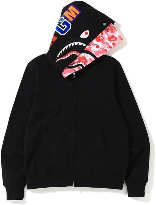 RICK TOP ONE Unisex Shark Camo Zip-Up Hoodie with Eye-Catching Graphics & Colorful Patches Trendy Streetwear Pullover for Men Women Teens Black Pink M