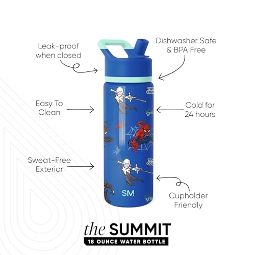 Image of Simple Modern Kids Summit Water Bottle with Straw Lid | Marvel 18oz Stainless Steel Cup Insulated Tumbler for Boys, Girls, School | Spiderman Mashup