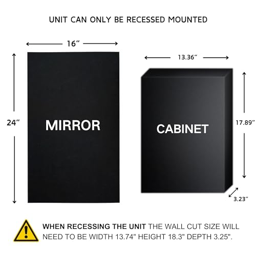 Image of TEHOME Black Metal Framed Recessed Bathroom Medicine Cabinet with Mirror Rectangle Beveled Vanity Mirrors for Wall 16 x 24 inches