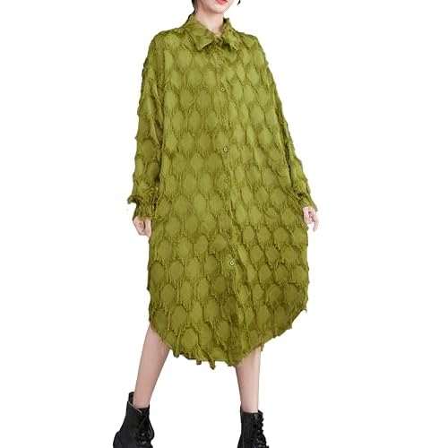 ellazhu Women's Long Sleeve Funky Color Block Lapel Button Down Shirt Dress GZ126 Small-X-Large Green