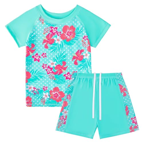 BOVOSHA Conjunto de traje de baño para niñas, traje de baño de sirena para niña, camiseta de natación floral + pantalones cortos de natación, azul, 7-8 años