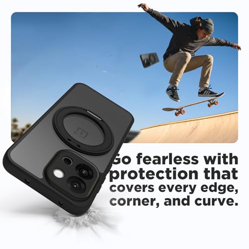 Image of RIGGEAR Shockproof Sleek Hybrid Armor 360 Rotating Magnetic Ring Stand Back Cover Case Compatible with MagSafe Accessories for OnePlus 13s (Clear PC + Black TPU Bumper)