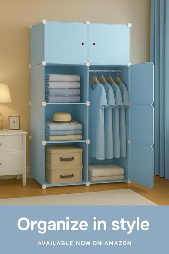 Image of Sunderlook Plastic Wardrobe for Kids Clothes - Professional Collapsible Wardrobe, Easy to Use Foldable Almirah, Plastic Cupboard for Kids for Home (Blue-Z3, 8 Door)
