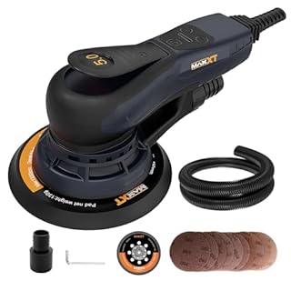 MAXXT Ponceuse excentrique 150 mm sans balais avec raccord tri-noyaux, course excentrique 5,0 mm, frein automatique (2 s), 6 vitesses réglables, 10 papiers abrasifs et 5 m de câble