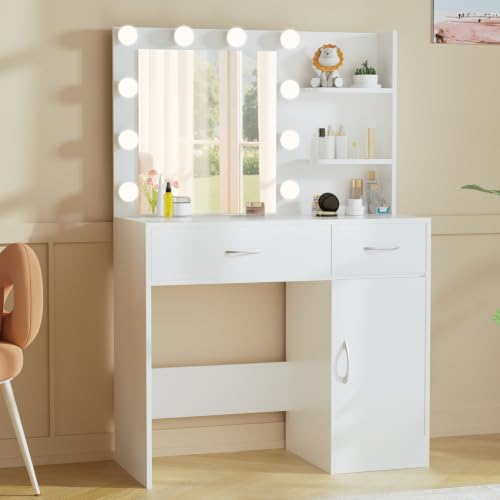 Image of LIVELYGLOW 35.4 inch White Makeup Vanity Desk with 10 Hollywood Light Bulbs | Dimmable Lighting, Large Mirror, Storage Cabinet