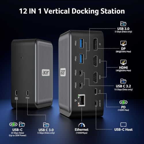 Acer Docking Station, 12-in-1 USB C Docking Station 3 Monitor with 2HDMI+DP | 8K DP, 4K@60Hz HDMI, 10Gbps Data, 1 Gbps Ethernet, 100W Power Delivery, Vertical USBC Multiport Hub for Laptops - image 2