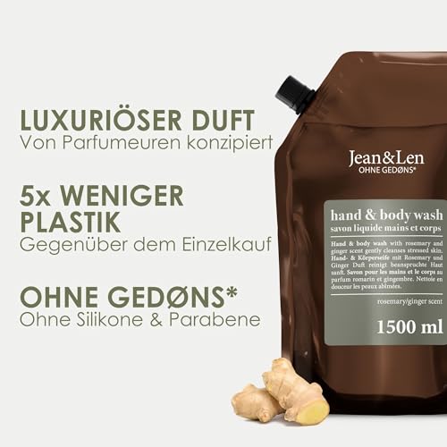 Jean & Len Hand and Body Wash, Rosemary and Ginger in Refill Bag, Cleans and Nourishes the Skin, Spicy Fresh Fragrance, Liquid Soap in Refill Pack, No Silicone, Parabens or Microplastics, 1.5 L - View 5