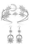 Moon Goddess Headpiece Star Halo Crown Celestial Headpieces Tiaras and Crowns for Women Boho Bridal Wedding Headpiece (Silver Set)