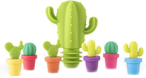 DOITOOL Marcadores de abalorios de copa de vino, 7 piezas de tapón de silicona para botella de vino, tapón de champán en forma de cactus, tapón de
