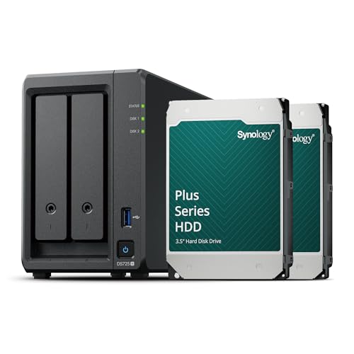 Synology DS725+ Station de Disque NAS 2 Baies (AMD Ryzen 4 Threads R1600 Dual-Core 4 Go de RAM 2 x RJ-45 1 GbE Port LAN), 8 to avec 2 x HAT3300-4T
