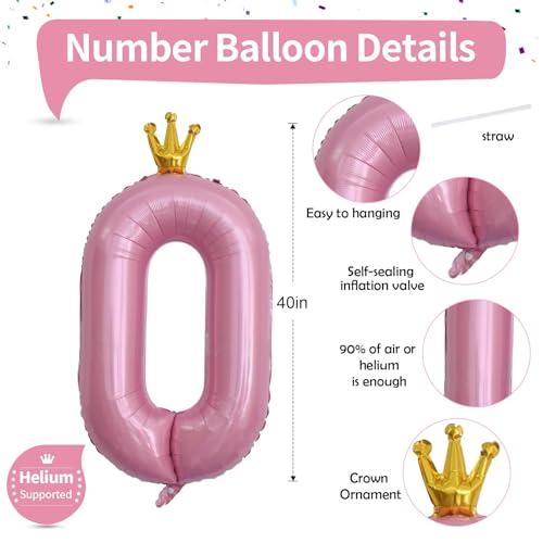 Image of Light Pink Number 0 Balloons for Girls, 40 Inch Foil Large Pastel Pink, Crown 0-9 Set Number Balloon for Women Birthday Party Baby Shower Anniversary Graduation New Year Party Decoration Supplies