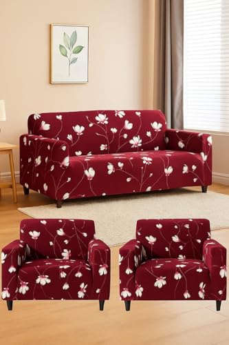 Image of Gurnoor Sofa Cover One 3 Seater and Two 1 Seater Fully Covered Universal 5 Seater for Living Room Non-Slip Sticky Elastic Stretchable Couch Sofa Set Slipcover Protector(Wine-Flower)
