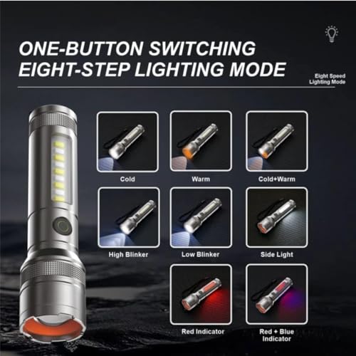 Image of RL-M41 100W+100W Metal Torch Light | Super Bright LED Flashlight with 7 Light Modes, Type-C Charging & Telescopic Zoom | Long Distance Range for Outdoor & Emergency Use (Grey)