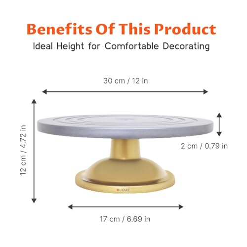 Image of LUXART 12 Inch Cake Turntable Stand | 360 Smooth Rotating Cake Rotator | Food-Grade BPA-Free Cake Decorating Stand | Anti-Slip Base | Silver Top with Golden Bottom | Baking Tool for Home & Kitchen