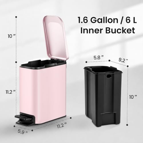 Image of TIPGO Small Bathroom Trash Can with Lid, 1.6 Gal, Soft Close, Pink