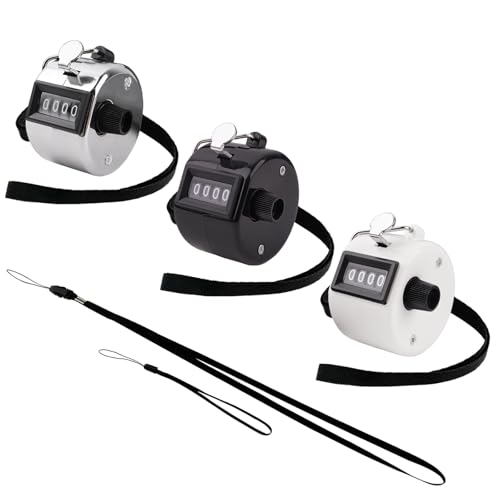 3 Pack Hand Tally Clicker Counter 4 Digit Display Mechanical Palm with Metal Finger Ring for Coaching, Knitting, Lap, Fishing, Golf and Row Sport with 2-Nylon Lanyard (Black White Silver)