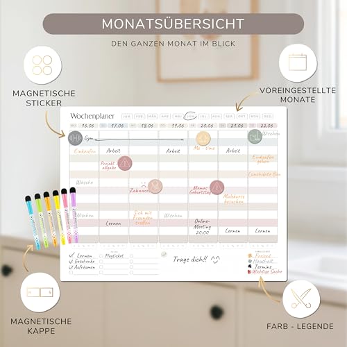 BIROYAL 2 Stk Magnetischer Wochenplaner Abwischbar inkl 30 Magnetische Sticker, Wochenplaner & Monatsplaner Abwischbar, Familienplaner, Haushaltsplaner Perfect as Essensplaner & To Do List