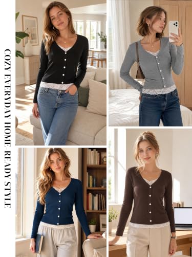Image of Womens Lace Long Sleeve Top Paneled Henley Shirts Y2k 2000s Fitted Going Out Tops Blouse