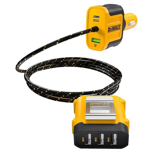 DEWALT Heavy Duty 72W 5 Port USB Car Charger Multiport, iPhone 16 Multi USB Car Charger, Fast Charge PD & QC3.0 Cigarette Lighter Adapter w/ 6FT Cable, Type C Front/Back Charging for Multiple Devices