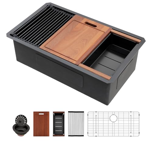 Sarlai 33 Matte Black Undermount Kitchen Sink Workstation