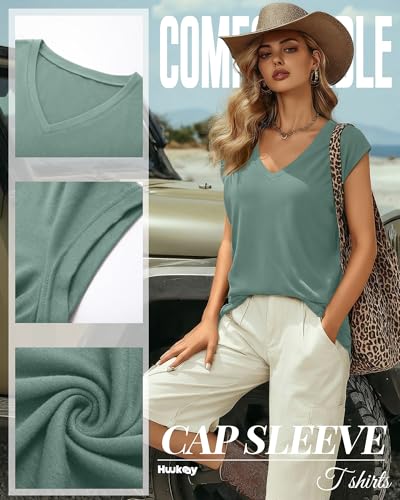 Image of Huukeay 3 Pack Women's V Neck Cap Sleeve T Shirts | Short Sleeve Basic Tees, Loose Fit Soft Tops for Women, Casual Lightweight Shirts, Everyday Summer Clothes