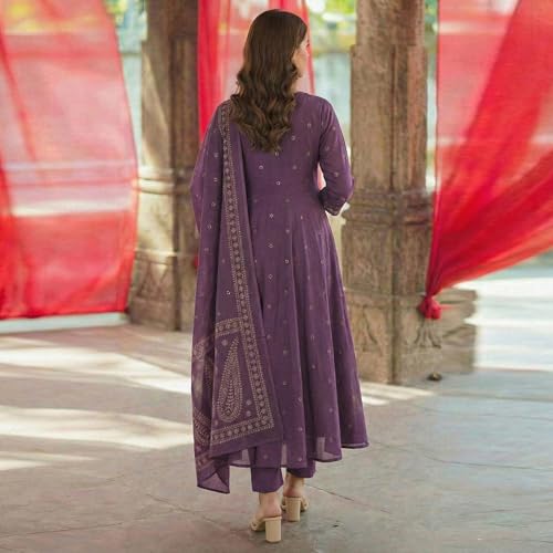 Image of GoSriKi Rust Anarkali Kurta Set for Women with Dupatta | Cotton Kurti Set for Woman | Embroidered Anarkali Suit for Women Kurti Pant Set with Dupatta | Suit Set for Women Latest