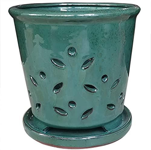Ceramic Orchid pots with Holes 6inch,Round Green Ceramic Orchid Pot with Saucer,Ceramic air Plant Pot with Holes,Butterfly Pot Saucer Windowsill Contemporary Home Decoration, (Forest Green)…