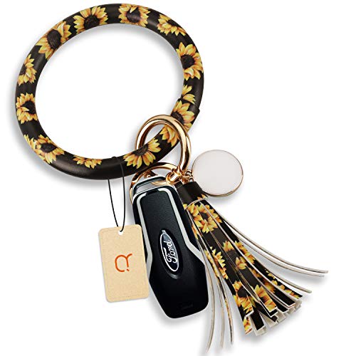 Szqne Key Ring Bracelet keychain for women Leather wristlet, Sunflower, Size 4.0
