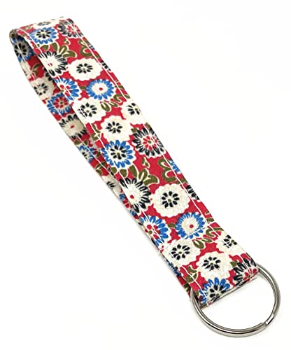 Floral Print Wristlet Fabric Lanyard Key Chain for Key fob, ID Badge Holder. Key, Purse, USB (Red)
