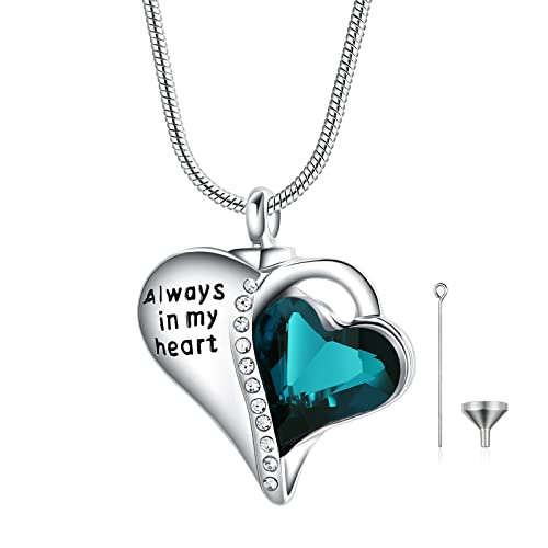 Urn Necklace for Ashes for Women, Cremation Jewelry for Ashes Cubic Zirconia Heart Locket Urn Pendant Necklace with Funnel Filler, Always in My Heart