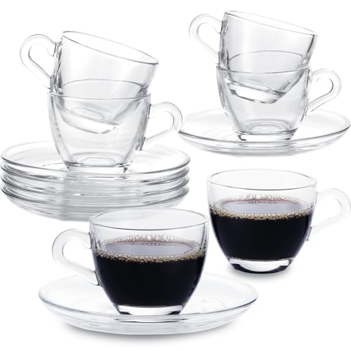 GURUDAR Glass Espresso Shot Cups with Saucers Set of 6, Clear Small Demitasse Cup with Stainless Steel Spoons, Dishwasher & Microwave Safe Tiny Coffee Mugs Only for Espresso, 2.5OZ/75M
