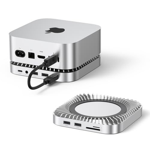 Raycue Base y Soporte para Mac Mini M4 con Carcasa SSD NVMe 8T, 2 USB A 10 Gbps, Puerto de Datos USB C de 10 G, USB A*2 5G, Carga USB-C, SD/TF, Audio para Mac Mini M4/M4 Pro